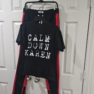 Fashion Nova Black Tee and Red-Striped Pants Set